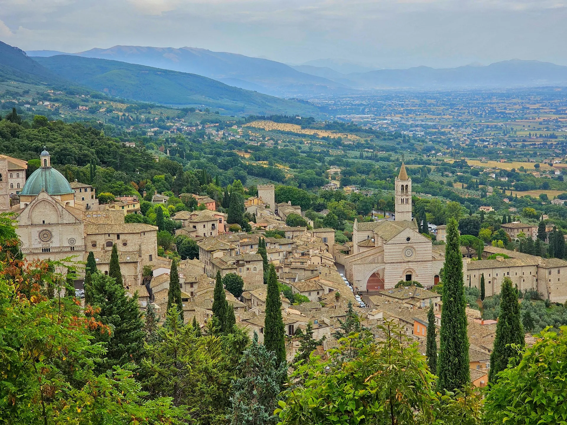 Assisi in pink stone spread along its hillside above the wide green Umbrian valley