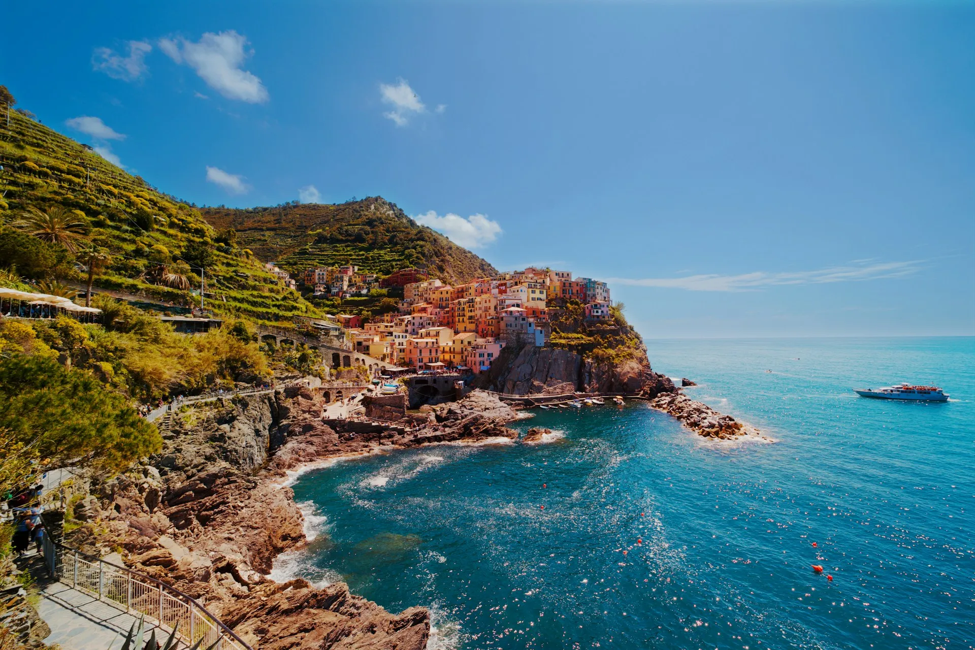 A Cinque Terre village spilling down the cliffs into the Ligurian sea